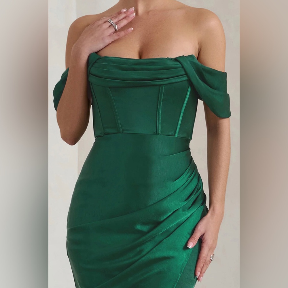 Kimberley Bottle Green Bardot Fishtail Satin Maxi Dress | Club L London | US 2 - Picture 4 of 13